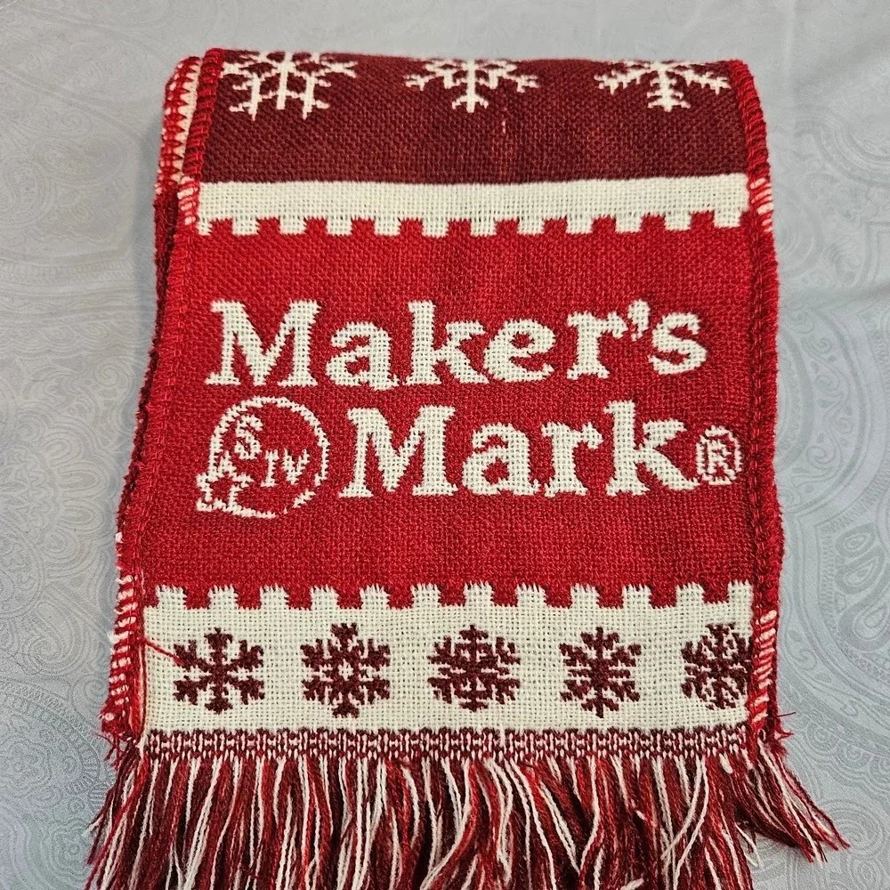 Makers Mark Bourbon Whiskey Holiday Scarf Red White Snowflake Knit Fringe Logo